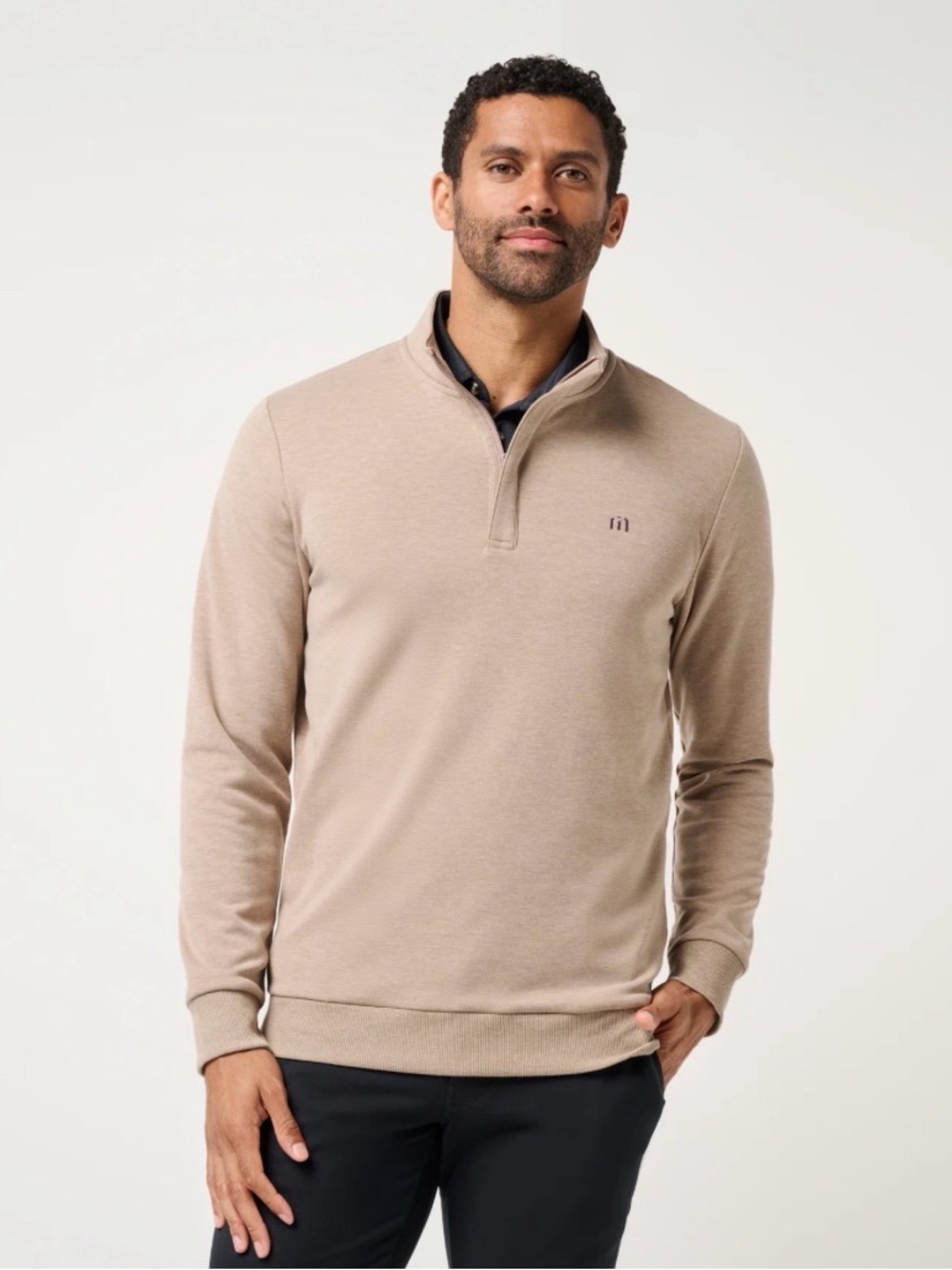 Travis Mathew Men's Beige Zip-Up Mock Neck Sweater